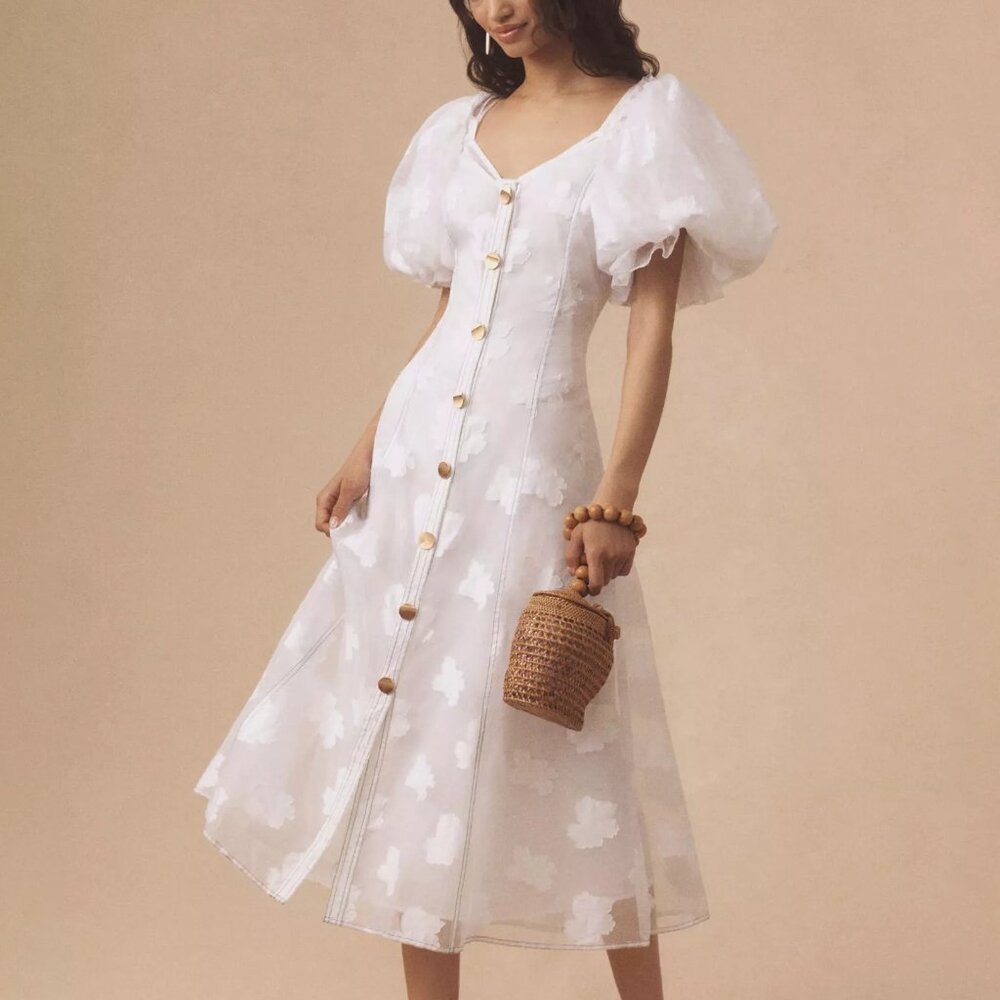 Anthropologie Let Me Be Puff-Sleeve Sheer Midi Dress